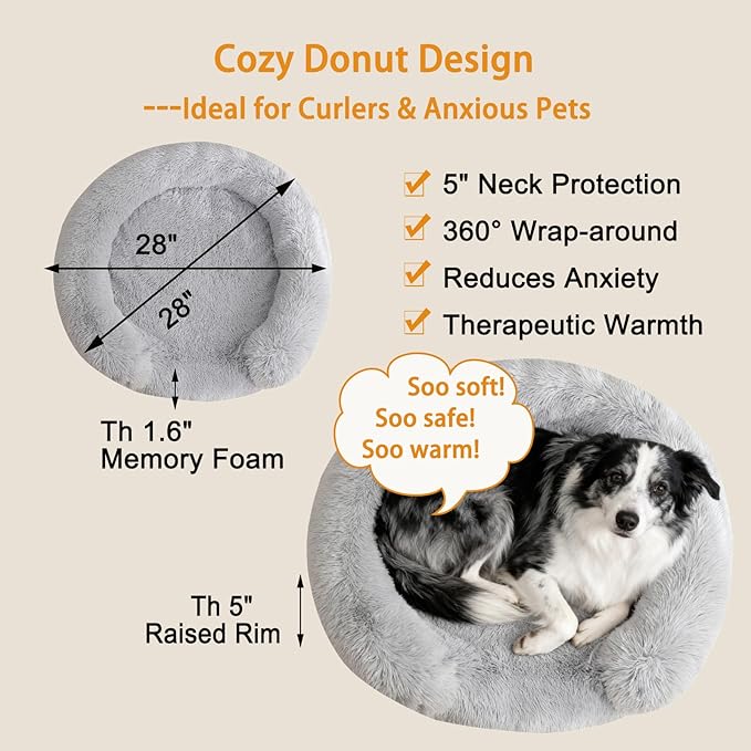Calming Cute Dog Beds for Medium Dogs, Orthopedic Cushion Anti-Anxiety Donut Cuddler Bed, Soft Fluffy Faux Fur Plush Warm Cozy Removable Cover Fits up to 35 lbs Pets (Round, Pale Grey 28")