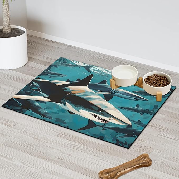 Sea Shark Dog Food Mat for Floors Absorbent Dog Bowl Mat for Food and Water Dispenser Quick Dry Cat Food Placemat Pet Supplies 17" x 30", Watercolor Fish