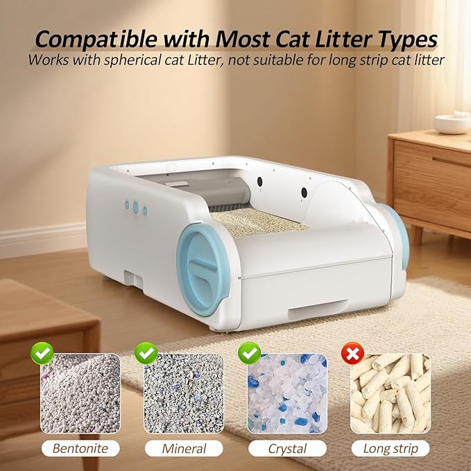Self Cleaning Cat Litter Box, Open-Top Automatic Litter Box for Multiple Cats with App Control, Safety Sensors Protection, Odor Control Includes 2 Roll Waste Bin Liners and 1 Litter Mat, White