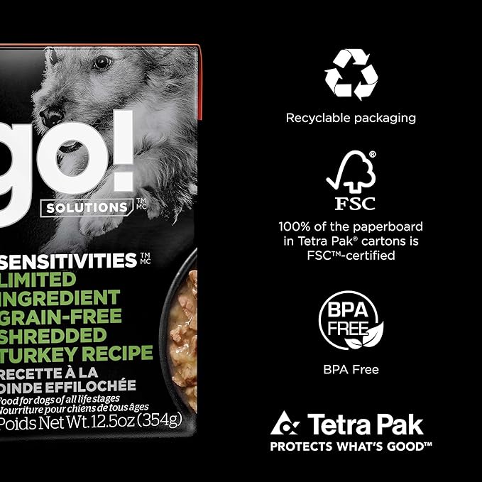 Go! Solutions Sensitivities Limited Ingredient, Grain-Free Wet Dog Food, Shredded Turkey Recipe for Sensitive Stomach, 12.5 oz (Pack of 4)