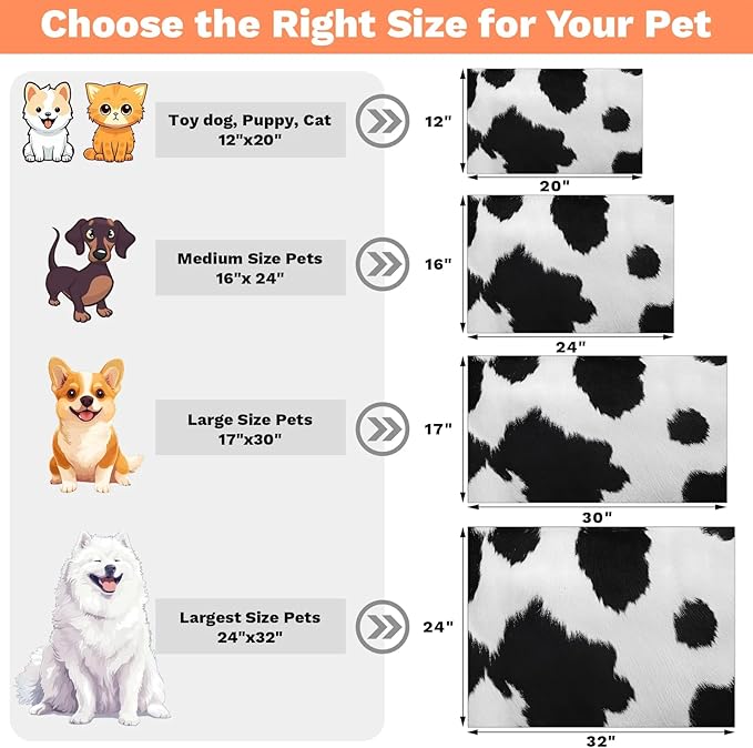 Milk Cow Print Dog Food Mat for Floors Absorbent Dog Bowl Mat for Food and Water Dispenser Quick Dry Cat Food Placemat Pet Supplies 17" x 30", Black White