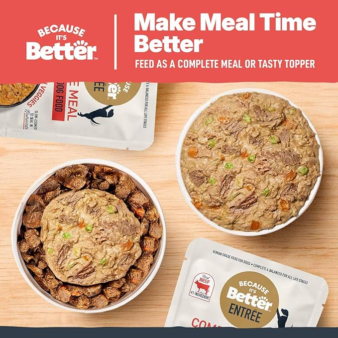 Because It's Better Entrée Complete Meal, Beef Stew with Veggies, Human Grade Wet Dog Food, 10 oz Pouches, 6 Count