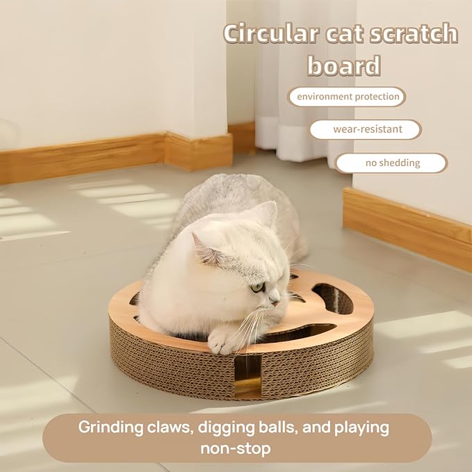 Circular Cat Scratch Board with Balls, Corrugated Cardboard Interactive Toy, 13 Inch Round Grinding Post with Ball Track, No-Shed Design