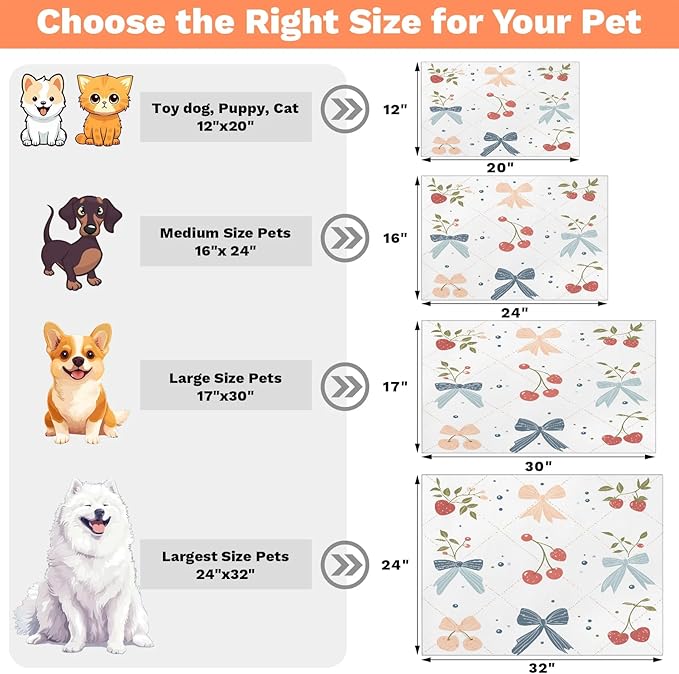 Bow Cherry Dog Food Mat for Floors Absorbent, Quick Dry Water Dispenser Mat for Food, Water, Pet Supplies 12" x 20", White Check