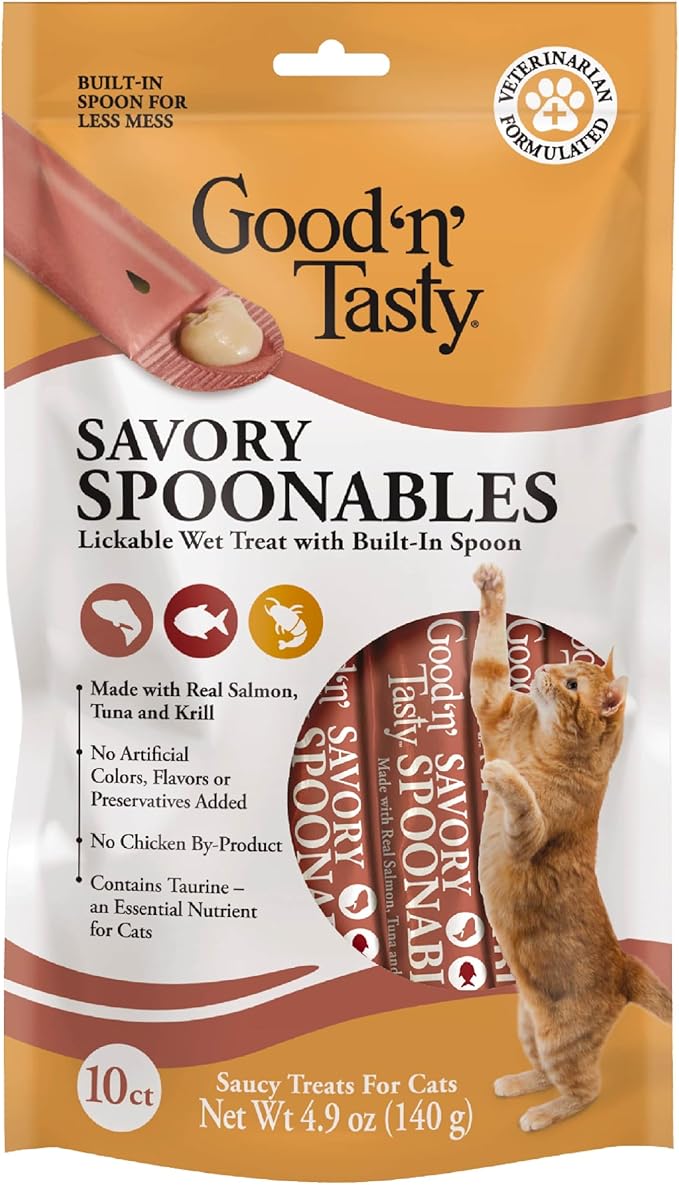 Good 'N' Tasty Savory Spoonables with Real Salmon, Tuna & Krill, 10 Count Tube, Triple Flavor Squeezable Lickable Wet Treats for Cats with Built-in Spoon for Less Mess
