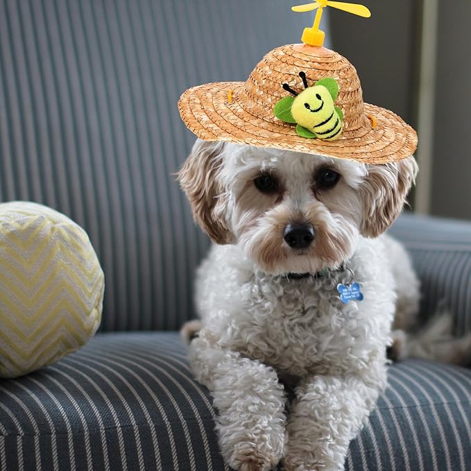 LALAFINA Pet Straw Hat Woven Knitted Cap with Helicopter Decor, Large Size Photo Props for Dogs, Cute Outdoor Pet Supplies for Home and Travel