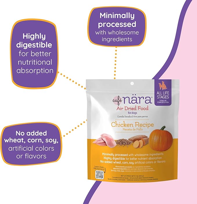 Café Nara Air Dried Dog Food, Chicken Recipe, Complete Meal, Food Topper, or Treat, Made in USA for All Breeds and Ages, 1 lb (16 oz) Bag
