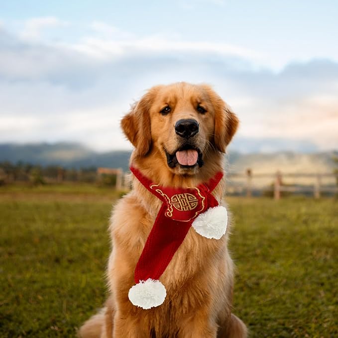 Festive Pet Scarf Cotton New Year Bandana Red M for Dogs and Puppies Chinese Style Holiday Pet Supplies