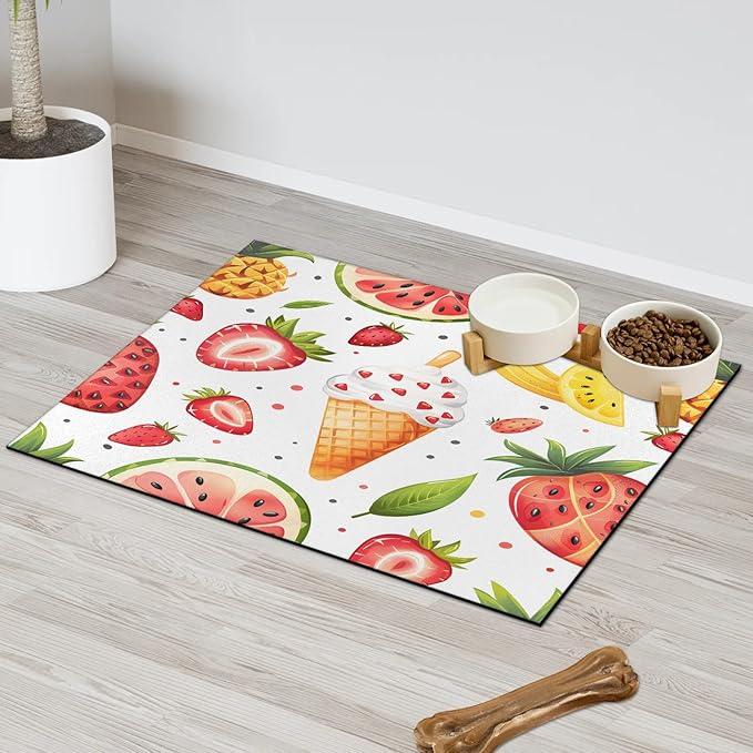 Ice Cream Dog Food Mat for Floors Absorbent Dog Bowl Mat for Food and Water Dispenser Quick Dry Cat Food Placemat Pet Supplies 12" x 20", Strawberry