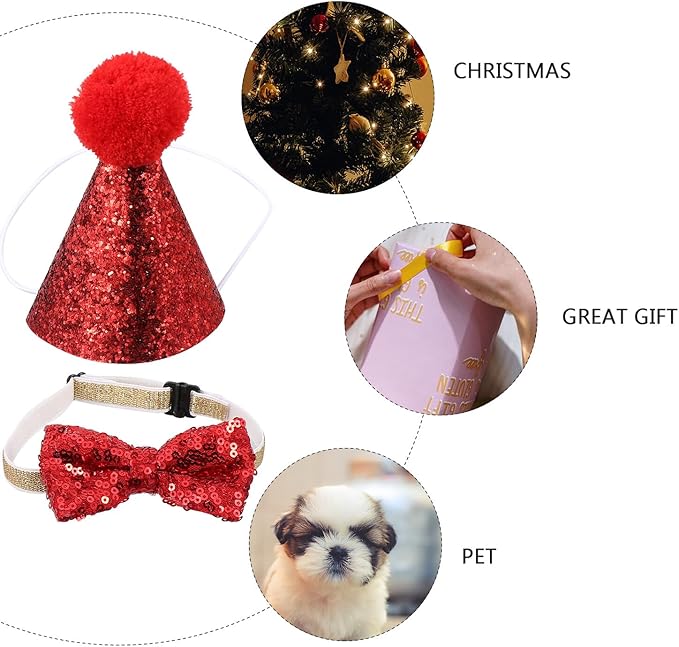 Dog Christmas Costume Set 2pcs Red Hat and Collar for Puppies, Holiday Pet Supplies, Festive Dog Cosplay Accessories for Christmas Celebration