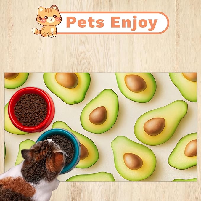 Avocado Dog Food Mat for Floors Absorbent Dog Bowl Mat for Food and Water Dispenser Quick Dry Cat Food Placemat Pet Supplies 12" x 20", Green Fruits