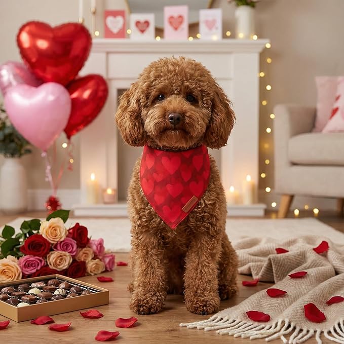 PTDECOR Valentines Dog Bandana, Reversible Red Heart Valentine Pet Scarf, Premium Durable Fabric, Red Bandanas for Small Dogs Pets (Small)