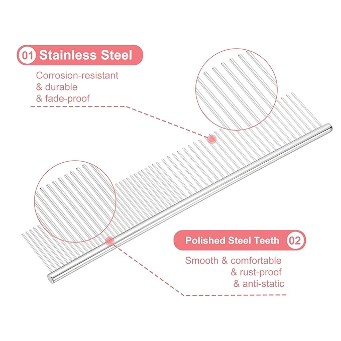 Dog Cat Comb, Pet Combs Stainless Steel Teeth with Rounded Ends for Knots Mats Loose Hair Removal, 7.5IN (Silver, 3 Pack), Grooming Tool Intended for Long Curly Hair Pet
