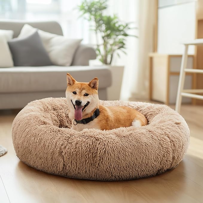 NEWBULIG 37.4x37.4 Inch Dog Bed Large Sized Dog, Donut Shape Cat Beds for Indoor Cats with Washable, Anti-Slip, Faux Fur