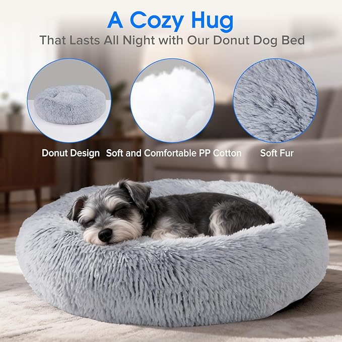 NEWBULIG 37.4x37.4 Inch Dog Bed Large Sized Dog, Donut Shape Cat Beds for Indoor Cats with Washable, Anti-Slip, Faux Fur