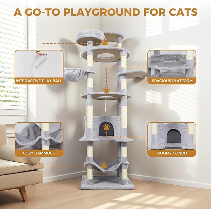 78.8 Inches Cat Tower for Indoor Cats, Cute Cat Tree with Cozy Condo, Platform, Hammock, Sisal Scratch Board and Interactive Toy (Light Gray)