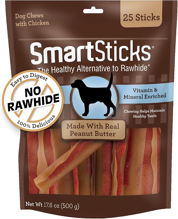 SmartBones SmartSticks with Real Peanut Butter, 25 Count, Treat Your Dog to a Rawhide-Free Chews for Dogs
