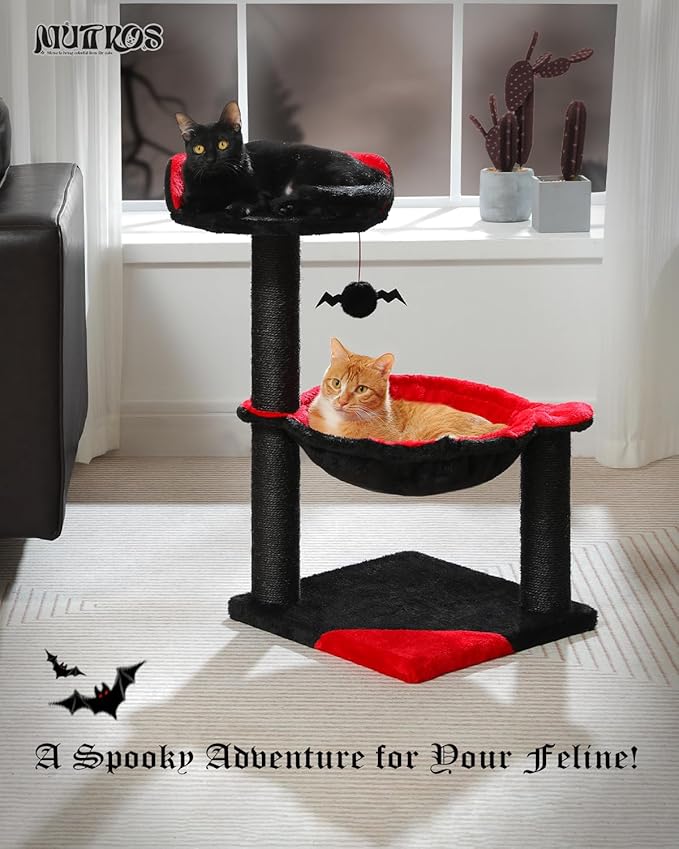 Gothic Cat Tree with Coffin Bed, Spooky Cat Tree with Black Scratching Posts & Halloween Cat Tower & Large Hammock for Small Kittens, Cat Toy Black Bat Included