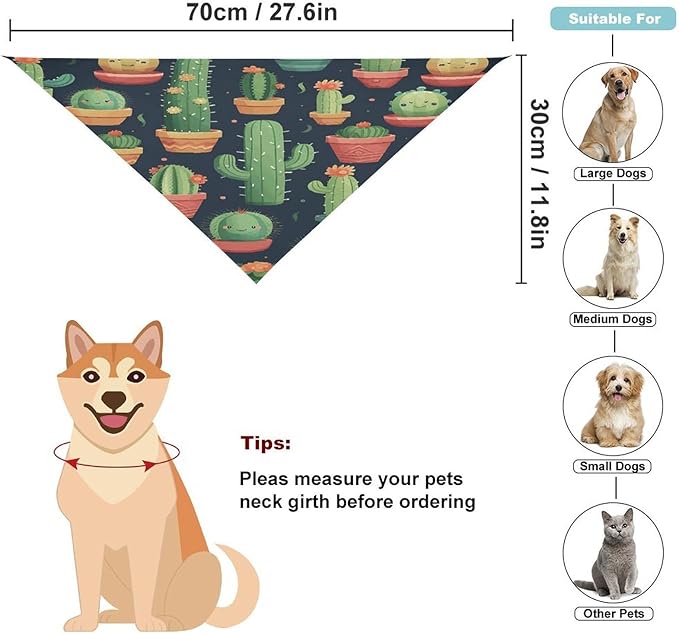 Dog Bandana Spring Pet Scarf Adjustable Triangle Cute Cactus Seamless Illustration Printing Dog Bib Washable Polyester Puppy Bandana for Small Medium Large Dogs Cat Birthday Party Supplies