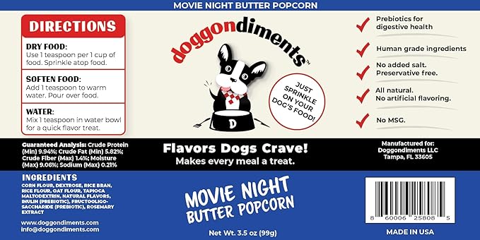 Movie Night Butter Popcorn Dog Food Topper, Fun People Food Flavors, Powder, Small & Large Breeds, Made in USA