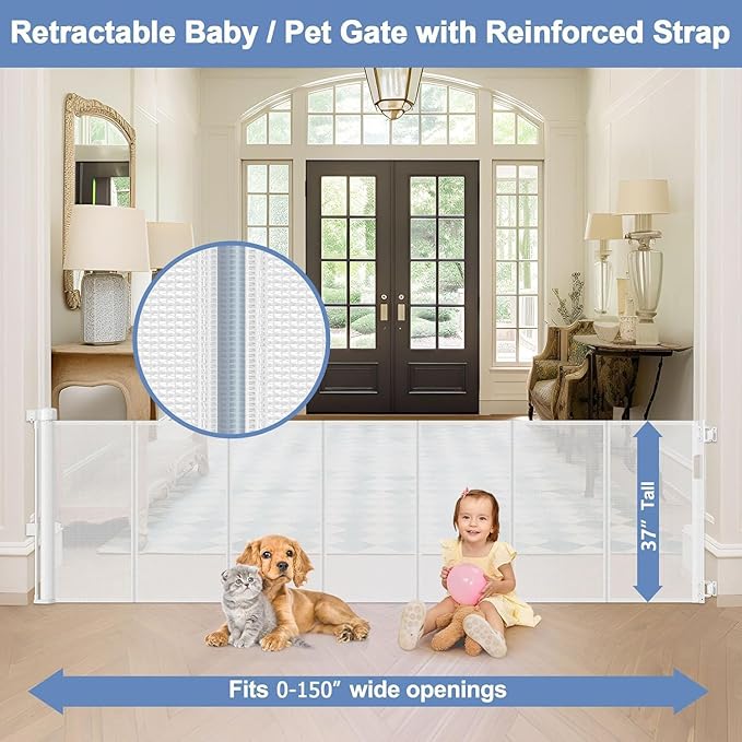 Reinforced 150 Inch Retractable Baby Gates for Doorways Extra Wide Baby Gates for Large Openings Child Gate for Wide Openings Extra Long Dog Gates for The House Extra Wide Retractable Pet Gate for Dog