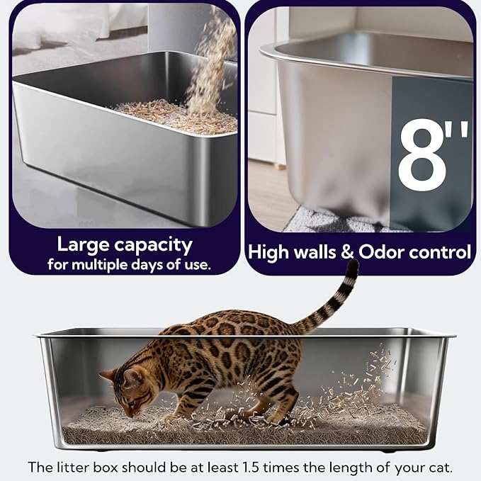 2 Pack Stainless Steel Cat Litter Box with High Sides - Metal Cat Pan, Large Indoor Litter Tray, Never Absorbs Odor, Pet Toilet Supplies Smooth Surface for Kitten, Kitty, Rabbit 19.7"x13.8"x8"