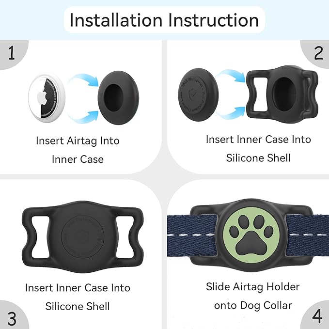 2-Pack Airtag Holder for Dog Collar, Waterproof Silicone Protective Case Cover, Anti-Lost Tracker Universal Fit for All Width Pet Collars(Black with Night Glow&Black with Night Glow)