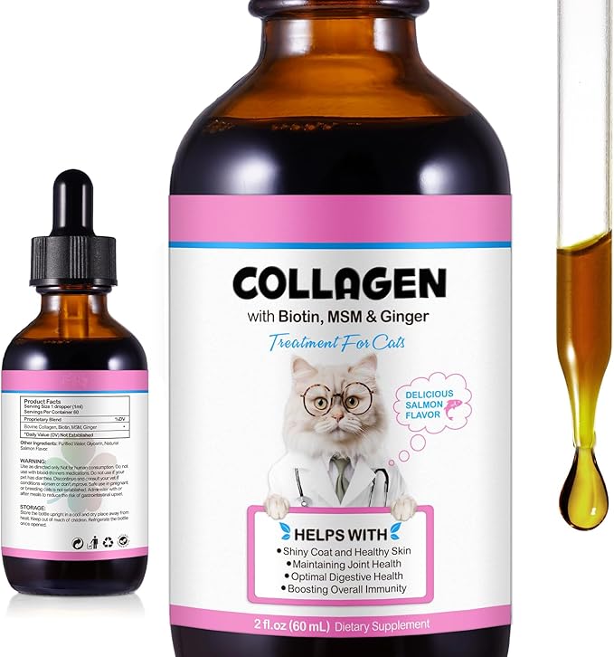 Cat Collagen Liquid Drops, Collagen Dietary Supplement for Cats with Biotin, MSM & Ginger, Enhance Immunity, Support for Cat Joints, Skin - 60ML