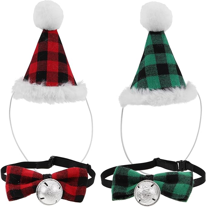 UKCOCO 2 Sets Christmas Pet Hats and Bow Ties for Dogs and Cats – Plaid Small Dog Neck Tie and Puppy Party Supplies – Festive Holiday Costume Accessories for Pet Christmas Dress-up