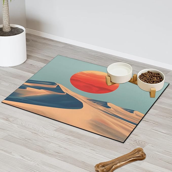 Sun Sunrise Dog Food Mat for Floors Absorbent, Quick Dry Water Dispenser Mat for Food, Water, Pet Supplies 16" x 24", Desert