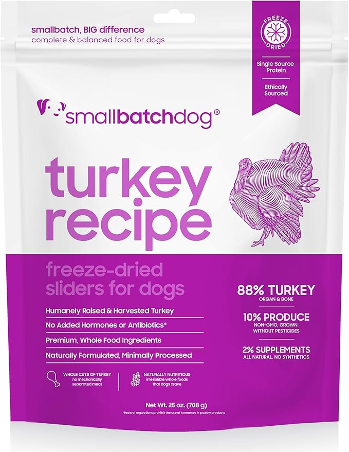 smallbatch Pets Freeze Dried Raw Dog Food, Turkey Recipe, 25 oz, Organic High Protein Dog Food, Grain Free, Made in The USA, Humanely Raised Meat, Single Protein, for Picky Eaters, Hydrate & Serve
