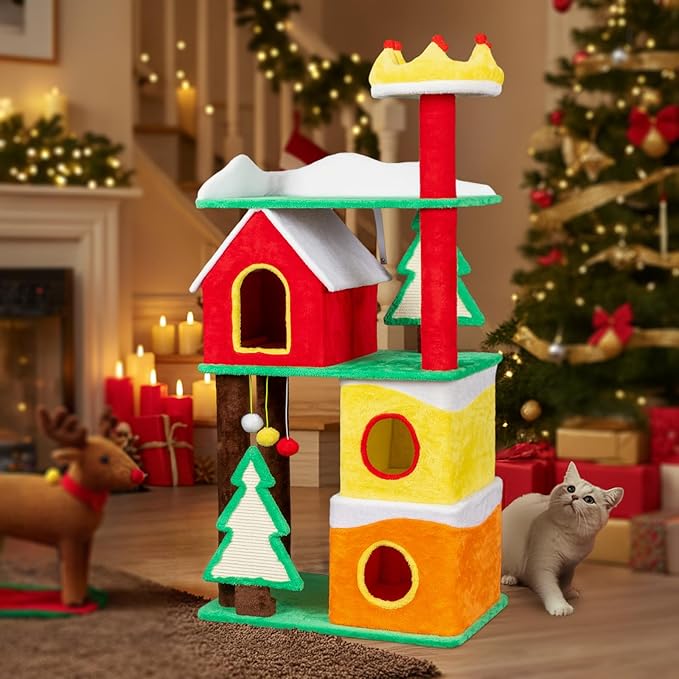 Outvita 56in Christmas Themed Plush Cat Tree, Multi-Level Cat Tower with Cat Condos, Top Crown Perch, Sisal Ramp Scratching Posts, Large Cat Pet Activity Center for Indoor Cats