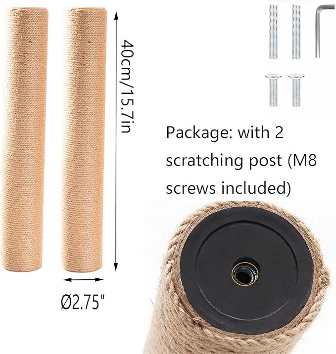 M8 Cat Scratching Post Replacement,15.7Inch Sisal Pole Cat Tree Replacement Post with Screws,DIY Scratcher,Pad, Crafts Gardening Hammock Home Decorating (Brown, M8*2poles*40cm/15.7inch)