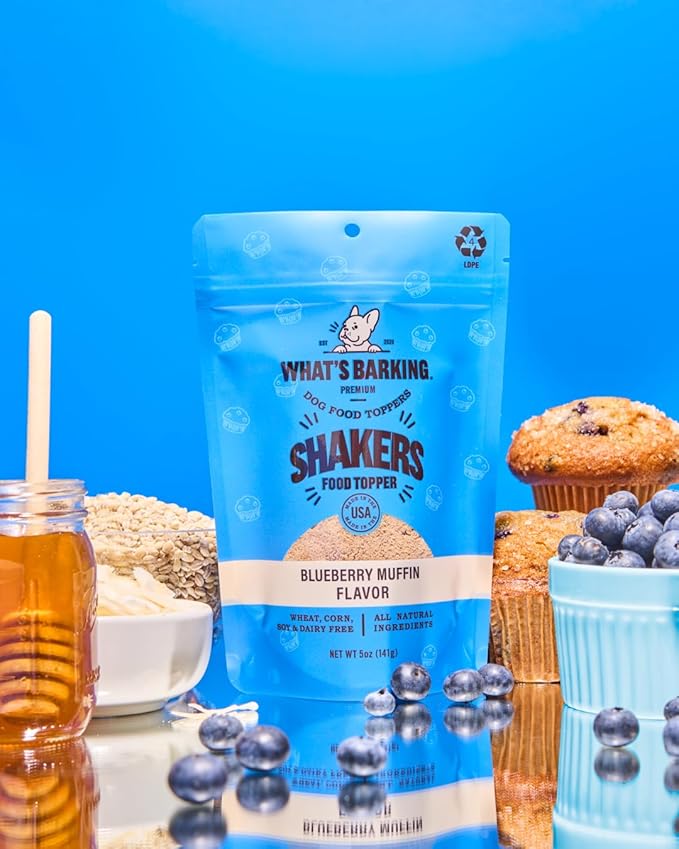 What's Barking Shakers Meal Toppers, Dog Treat Crumbles for Food Topping, Pet Essentials, Sprinkle Topper for Kibble or Wet Food, Made in USA, Resealable Bag, Blueberry Muffin Flavor, 5 oz