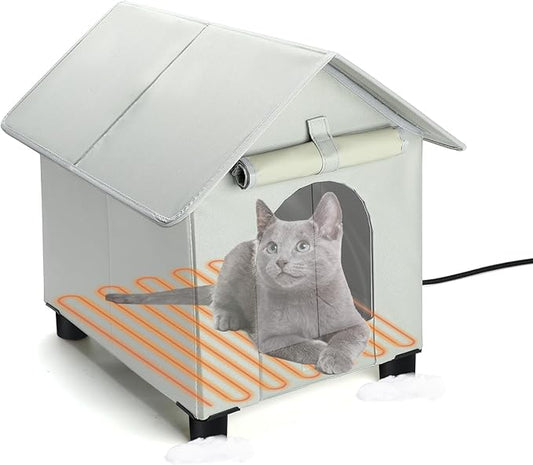 BWOGUE Elevated Heated Cat House for Outdoor Cats in Winter, Waterproof & Insulated Feral Cat Shelter for Outside Cats,Weatherproof Feral Cat House for Outside (Grey, S)