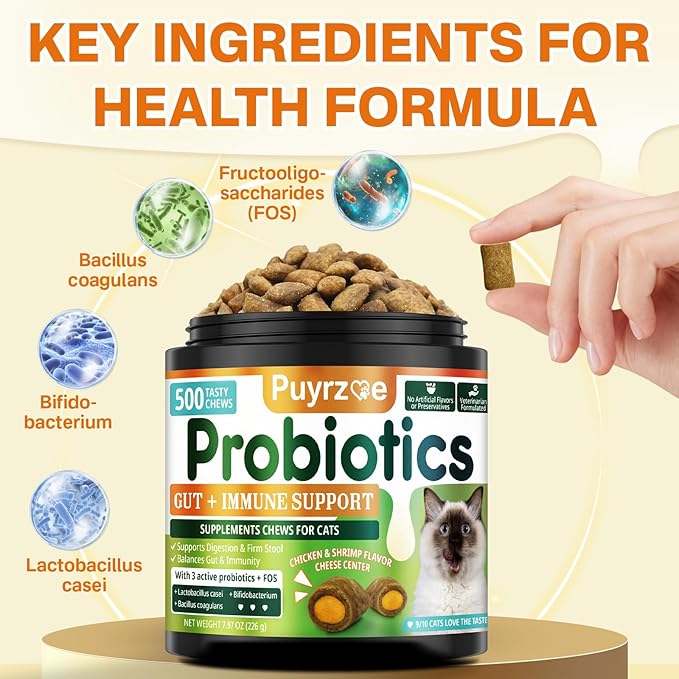 Cat Probiotics + Multivitamin– 500 Chews Crunchy & Creamy Cheese Core with 8-in-1 Support for Immune - Skin & Coat, Digestion, Heart, Bone, and Brain Health for All Cats
