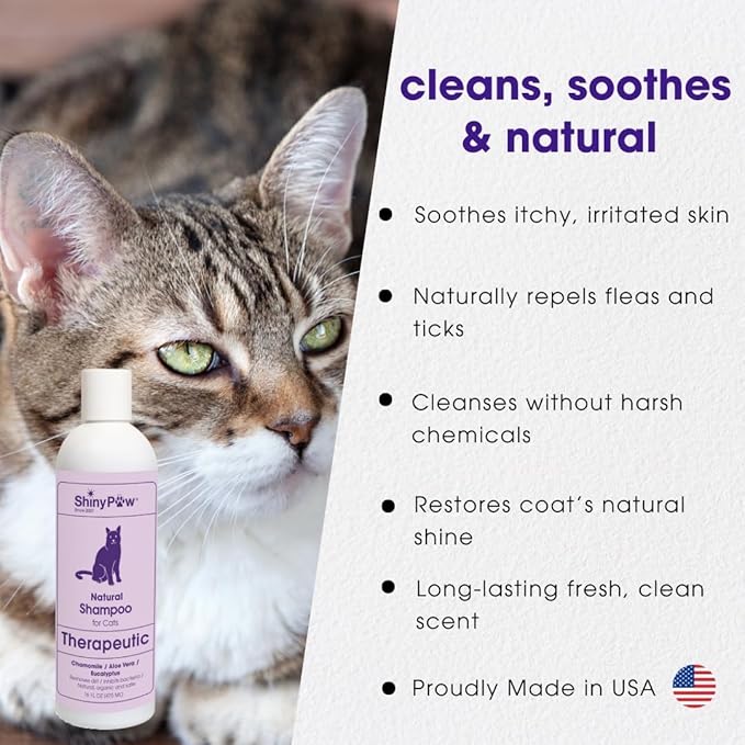 Natural Cat Shampoo for Itchy Skin with Chamomile, Aloe Vera & Eucalyptus by Shiny Paw 16 oz | Hypoallergenic Feline Shampoo for Sensitive Skin Itch Relief | for Adult & Senior Cats | Made in USA