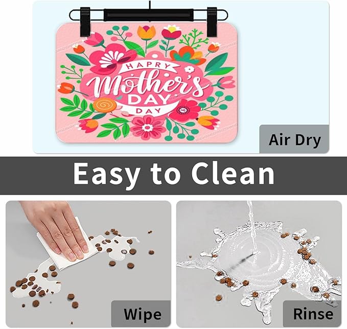 Non Slip Mat for Dog Pet Cat Dog Food Mats Happy Mother's Day Floral Gift for Mom Q Water Bowl Mat Quick Dry Absorbent Cat Feeding Mats 24x16In