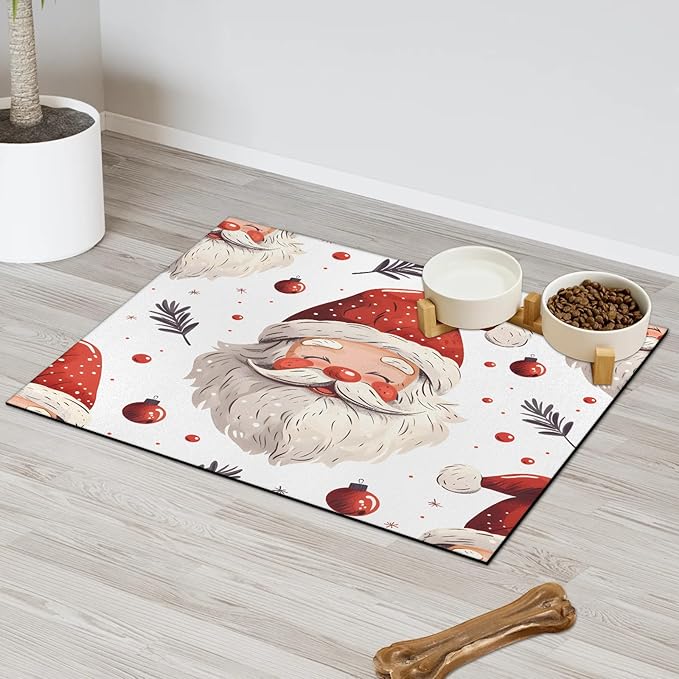 Santa Claus Dog Food Mat for Floors Absorbent, Quick Dry Water Dispenser Mat for Food, Water, Pet Supplies 12" x 20", Christmas Ball