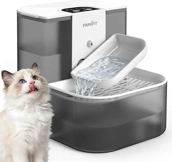 [New Upgrade] Famifit 4.5L+2L Automatic Cat Water Fountain (Non-Heated), 2000mAh Battery, Timed 3/6/9H & 80/100/120ml Control, Clean Water System, No Filter, Ceramic Bowl, Ultra Quiet