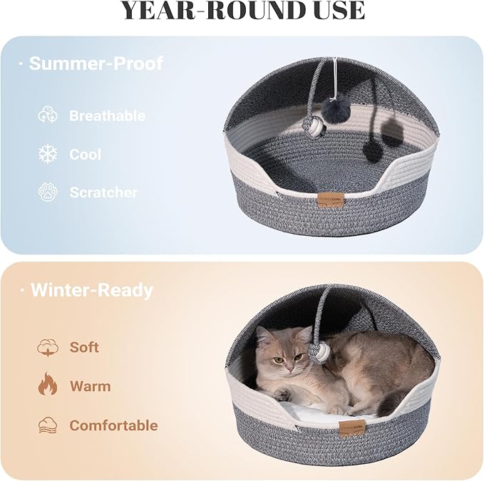 CHEERPALS Cat Basket Bed for Indoor Cats, Covered Pet Bed with Washable Cushion and Ball Rope Cotton Bed for Medium and Large Cat, All Season Universal(Blue)