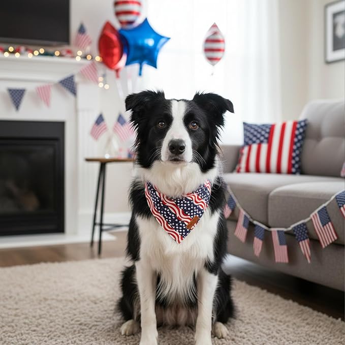 PTDECOR American Flag Dog Bandana, Striped Stars Flag 4th of July Pet Scarf, Premium Durable Fabric, Adjustable Triangle Patriotic Bandanas for Medium Large Dogs Pets (Large)
