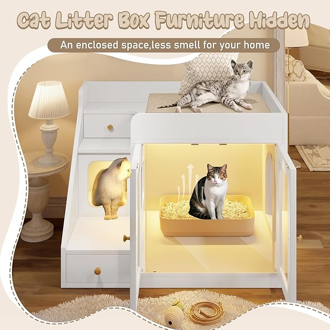 Cat Litter Box Enclosure with Light, Hidden Litter Box Furniture with 2 Storage Drawers & Smart Doors, Cat House Side Table for Living Room Entryway (White)