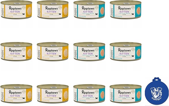 Applaws Canned Wet Kitten Food 2-Flavor Variety Bundle: (6) Tuna Fillet in Broth and (6) Chicken Breast in Broth (12 Cans Total, 2.47 Ounces Each) Plus Silicone Lid