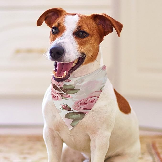 Dog Bandana Spring Pet Scarf Adjustable Triangle Pink Rose Floral Printing Dog Bib Washable Polyester Puppy Bandana for Small Medium Large Dogs Cat Birthday Party Supplies
