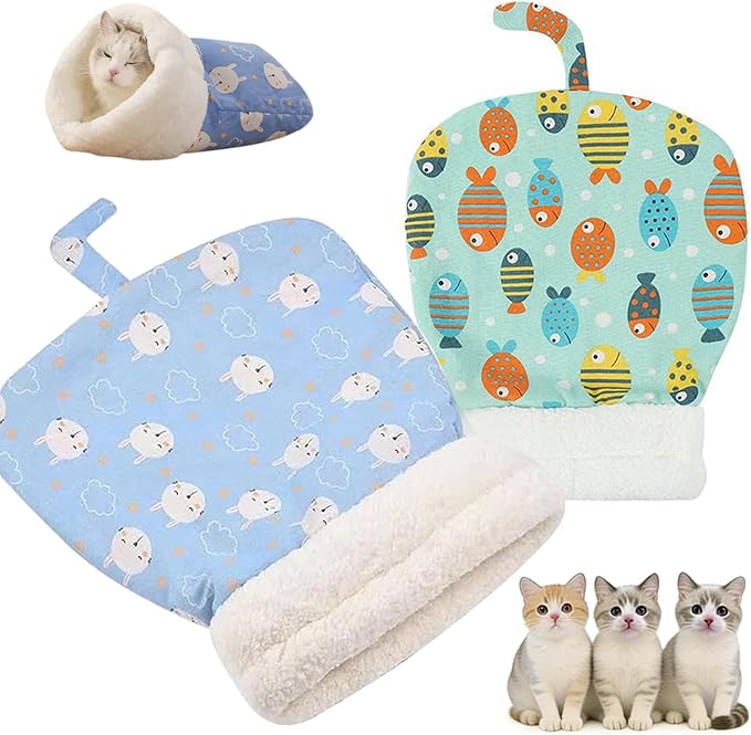 2PC Cat Sleeping Bag for Indoor Cats,Cat Sleeping Bag,Cozy Pet Nest for Cats, Winter Washable Wrap Pet Snuggle Sack for Kitten Puppy(Blue+Green)