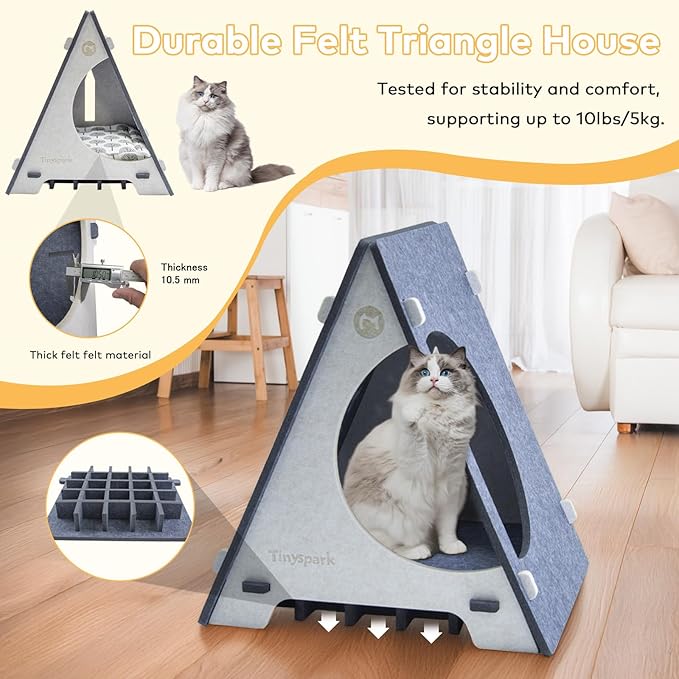 Triangle Cat Tent with Removable Pad, Enclosed Pet Bed & Hideaway for Small Cats, Includes 4 Felt Toys, Portable Gray Beige House, 17.7" L x 18.5" W x 20.5" H