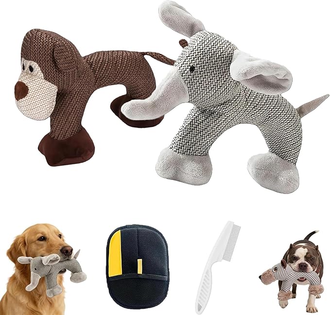 Linen Safari Companions, Squeaky Dog Chew Animals, Strudy Linen Fabric, Relieve Boredom and Anxiety in Dogs (Monkey+Elephant)