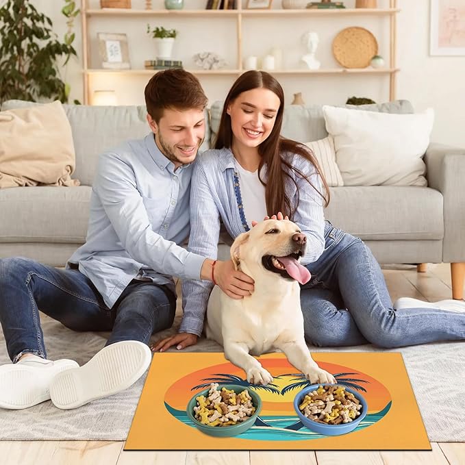 Boho Beach Dog Food Mat for Floors Absorbent, Quick Dry Water Dispenser Mat for Food, Water, Pet Supplies 12" x 20", Hawaiian Palm Tree