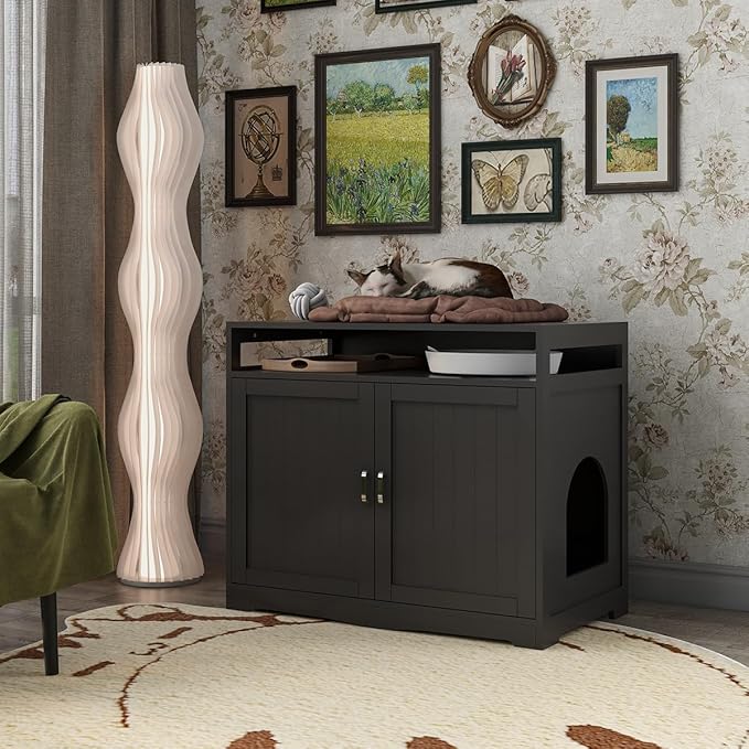 31.5" L Walnut Cat Litter Box Enclosure with Hidden Plug & 2 Doors, Indoor Large Cat Washroom Storage Bench Side Table